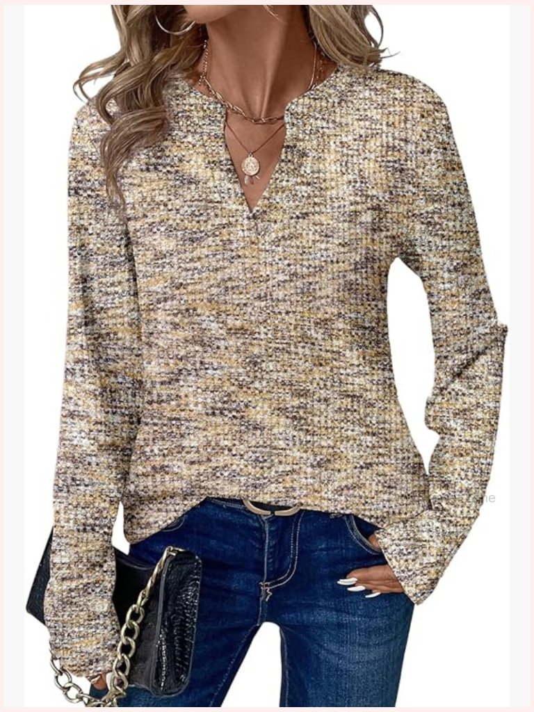 Long Sleeve V Neck Waffle Knit Blouse Dressy Casual Top Tee